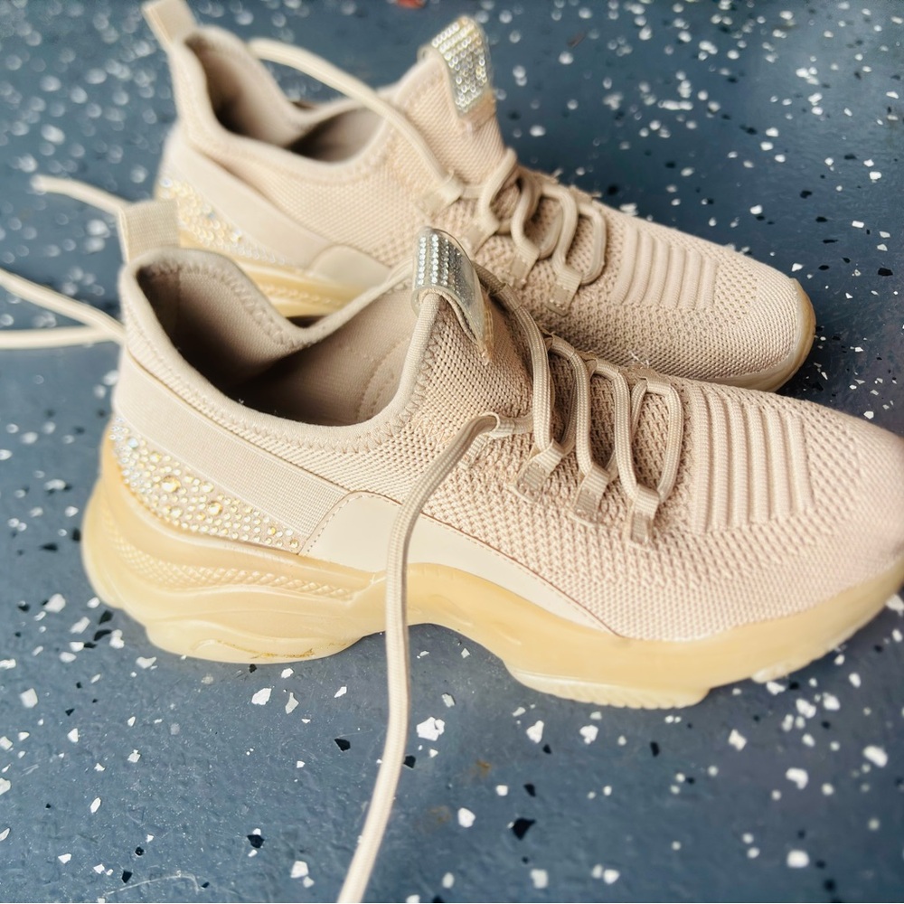 Tan Knit Sneakers with Sock-Like Fit and Cushioned Sole